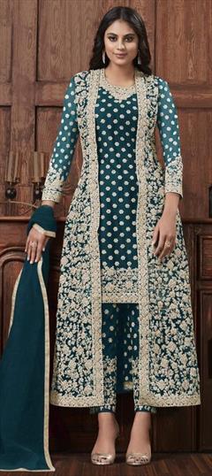 Festive, Party Wear Blue color Salwar Kameez in Net fabric with Straight Embroidered, Stone, Thread, Zari work : 1706216