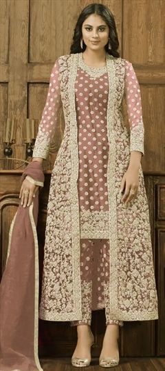 Festive, Party Wear Pink and Majenta color Salwar Kameez in Net fabric with Straight Embroidered, Stone, Thread, Zari work : 1706223