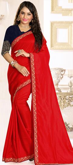 Traditional Red and Maroon color Saree in Raw Silk, Silk fabric with South Embroidered, Resham, Thread work : 1706440