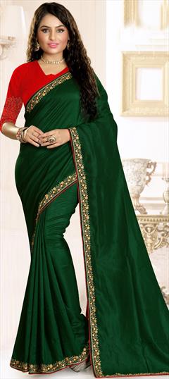 Traditional Green color Saree in Raw Silk, Silk fabric with South Embroidered, Resham, Thread work : 1706442