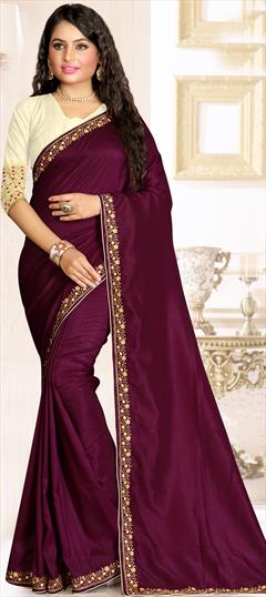 Traditional Purple and Violet color Saree in Raw Silk, Silk fabric with South Embroidered, Resham, Thread work : 1706445