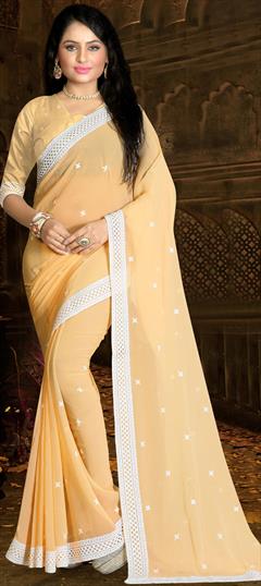 Party Wear Yellow color Saree in Georgette fabric with Classic Embroidered, Resham, Thread work : 1706514