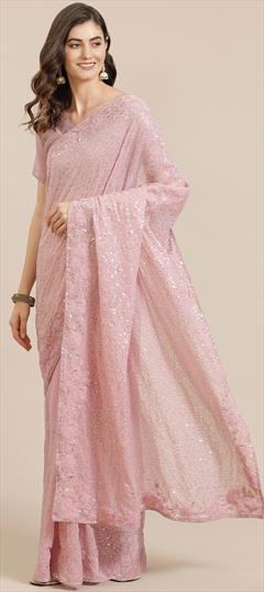 Festive, Party Wear Pink and Majenta color Saree in Georgette fabric with Classic Sequence work : 1706538