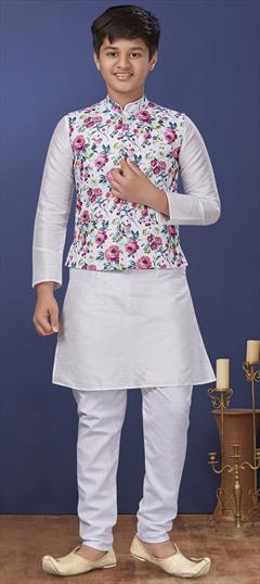 White and Off White color Boys Kurta Pyjama in Dupion Silk fabric with Thread work : 1706599