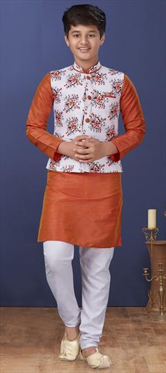 Orange color Boys Kurta Pyjama in Dupion Silk fabric with Thread work : 1706601