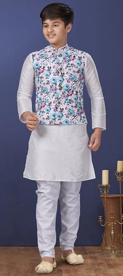 White and Off White color Boys Kurta Pyjama in Dupion Silk fabric with Thread work : 1706602