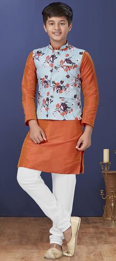 Orange color Boys Kurta Pyjama in Dupion Silk fabric with Thread work : 1706603