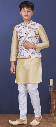 Beige and Brown color Boys Kurta Pyjama in Dupion Silk fabric with Thread work : 1706604