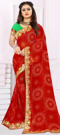 Festive, Party Wear Red and Maroon color Saree in Georgette fabric with Classic Bandhej, Digital Print work : 1706627