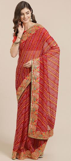 Casual, Festive, Party Wear Red and Maroon color Saree in Georgette fabric with Classic Bandhej, Gota Patti, Printed work : 1706645