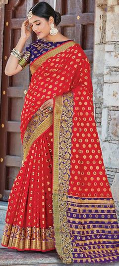Traditional Red and Maroon color Saree in Handloom fabric with Bengali Weaving work : 1706656