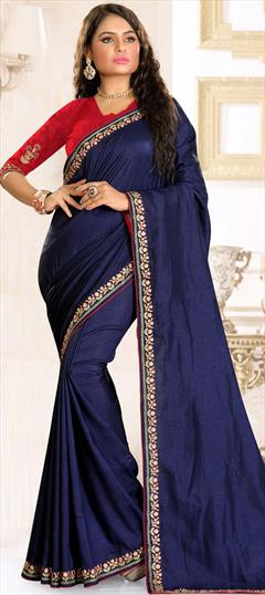 Traditional Blue color Saree in Raw Silk, Silk fabric with South Embroidered, Resham, Thread work : 1706755