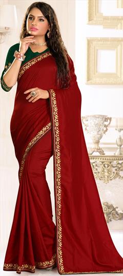 Traditional Red and Maroon color Saree in Raw Silk, Silk fabric with South Embroidered, Resham, Thread work : 1706757
