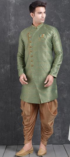 Green color IndoWestern Dress in Jacquard fabric with Broches, Weaving work : 1706900