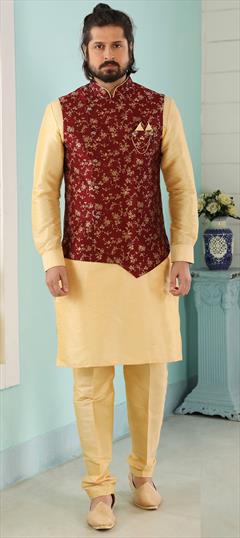 Gold, Red and Maroon color Kurta Pyjama with Jacket in Art Silk, Silk fabric with Broches work : 1706961