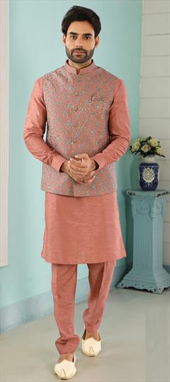 Pink and Majenta color Kurta Pyjama with Jacket in Art Silk, Silk fabric with Broches, Thread work : 1706965