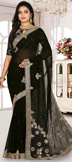 Festive, Party Wear Black and Grey color Saree in Georgette fabric with Classic Cut Dana, Embroidered, Stone, Zari work : 1706986