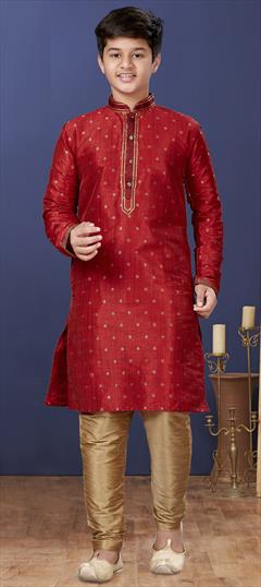 Red and Maroon color Boys Kurta Pyjama in Mulberry Silk fabric with Thread work : 1707081