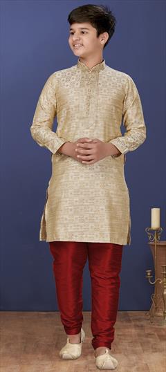 Beige and Brown color Boys Kurta Pyjama in Jacquard fabric with Thread work : 1707084