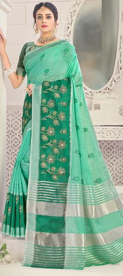 Traditional Green color Saree in Cotton fabric with Bengali Embroidered, Resham, Thread work : 1707165
