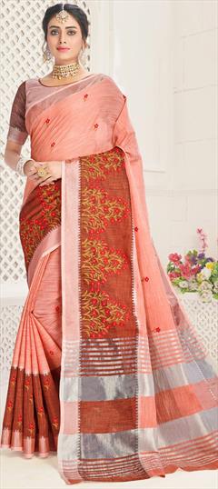 Traditional Orange color Saree in Cotton fabric with Bengali Embroidered, Resham, Thread work : 1707168