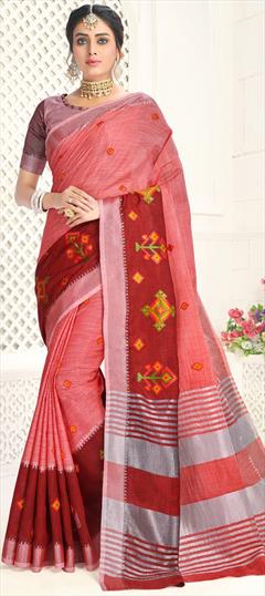 Traditional Pink and Majenta color Saree in Cotton fabric with Bengali Embroidered, Resham, Thread work : 1707170