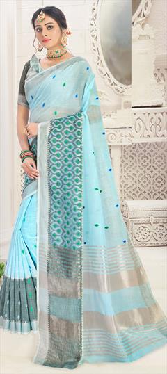 Traditional Blue color Saree in Cotton fabric with Bengali Embroidered, Resham, Thread work : 1707171