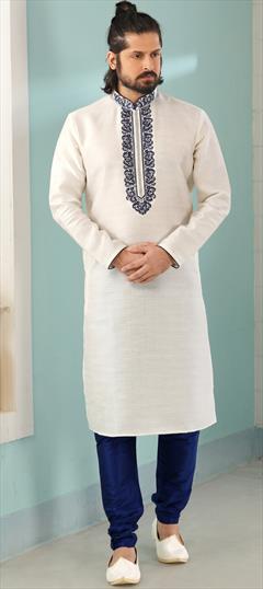 White and Off White color Kurta Pyjamas in Art Silk fabric with Embroidered, Thread work : 1707477