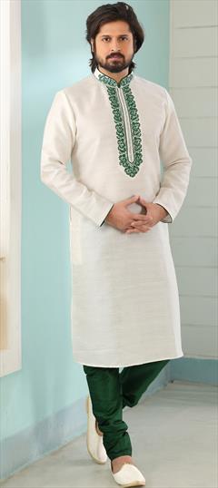 White and Off White color Kurta Pyjamas in Art Silk fabric with Embroidered, Thread work : 1707479