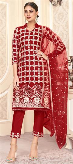 Festive, Party Wear Red and Maroon color Salwar Kameez in Net fabric with Straight Embroidered, Thread work : 1707573