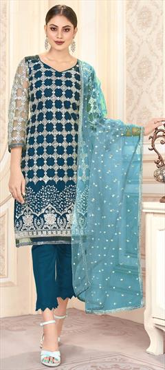 Festive, Party Wear Blue color Salwar Kameez in Net fabric with Straight Embroidered, Thread work : 1707579