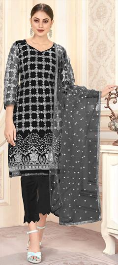 Festive, Party Wear Black and Grey color Salwar Kameez in Net fabric with Straight Embroidered, Thread work : 1707581