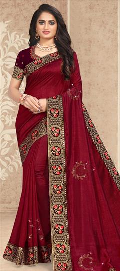 Traditional Red and Maroon color Saree in Art Silk, Silk fabric with South Embroidered, Resham, Thread work : 1707605