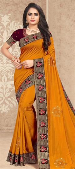 Traditional Yellow color Saree in Art Silk, Silk fabric with South Embroidered, Resham, Thread work : 1707608