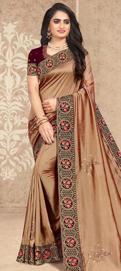 Traditional Beige and Brown color Saree in Art Silk, Silk fabric with South Embroidered, Resham, Thread work : 1707614