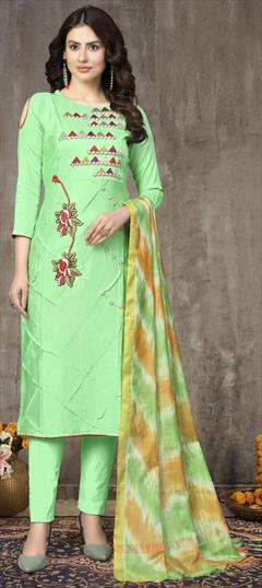 Festive, Party Wear Green color Salwar Kameez in Cotton fabric with Straight Embroidered, Resham, Thread work : 1707660