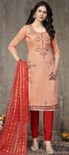 Festive, Party Wear Orange color Salwar Kameez in Cotton fabric with Straight Embroidered, Resham, Thread work : 1707662