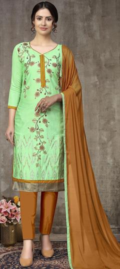 Festive, Party Wear Green color Salwar Kameez in Cotton fabric with Straight Embroidered, Resham, Thread work : 1707666