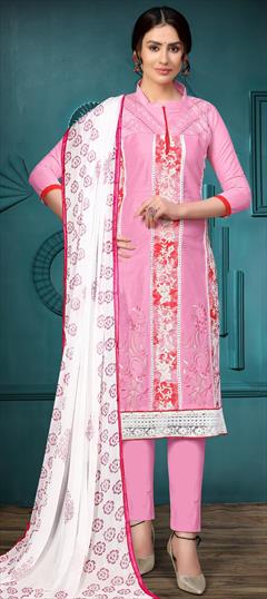 Casual Pink and Majenta color Salwar Kameez in Cotton fabric with Straight Embroidered, Resham, Thread work : 1707675
