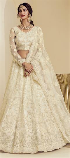 Festive, Wedding White and Off White color Lehenga in Net fabric with A Line Embroidered, Stone, Thread work : 1707677