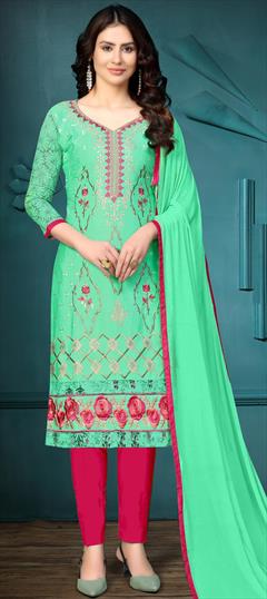 Casual Green color Salwar Kameez in Cotton fabric with Straight Embroidered, Resham, Thread work : 1707680