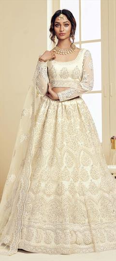 Festive, Wedding White and Off White color Lehenga in Net fabric with A Line Embroidered, Stone, Thread work : 1707682