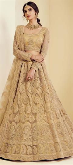 Engagement, Reception, Wedding Gold color Lehenga in Net fabric with A Line Embroidered, Stone, Thread work : 1707684