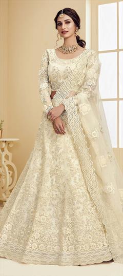 Bollywood, Designer, Party Wear White and Off White color Lehenga in Net fabric with A Line Embroidered, Stone, Thread work : 1707686