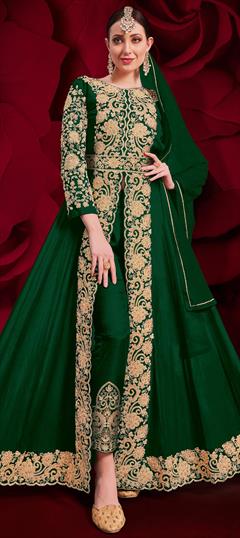 Festive, Reception, Wedding Green color Salwar Kameez in Georgette fabric with Slits Embroidered, Stone, Thread, Zari work : 1707731