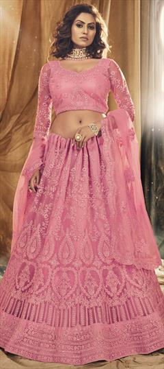 Bridal, Festive, Wedding Pink and Majenta color Lehenga in Net fabric with A Line Embroidered, Resham, Stone, Thread work : 1707789