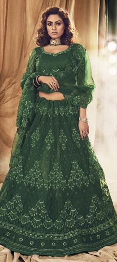Bridal, Festive, Wedding Green color Lehenga in Net fabric with A Line Embroidered, Resham, Stone, Thread work : 1707790