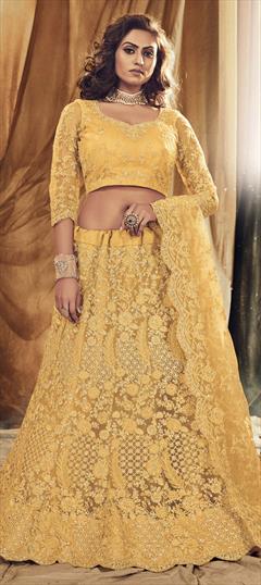 Bridal, Festive, Wedding Yellow color Lehenga in Net fabric with A Line Embroidered, Resham, Stone, Thread work : 1707791