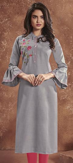 Casual, Party Wear Black and Grey color Kurti in Cotton fabric with Long Sleeve, Straight Embroidered, Thread work : 1707895