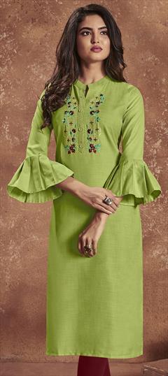 Casual, Party Wear Green color Kurti in Cotton fabric with Long Sleeve, Straight Embroidered, Thread work : 1707898